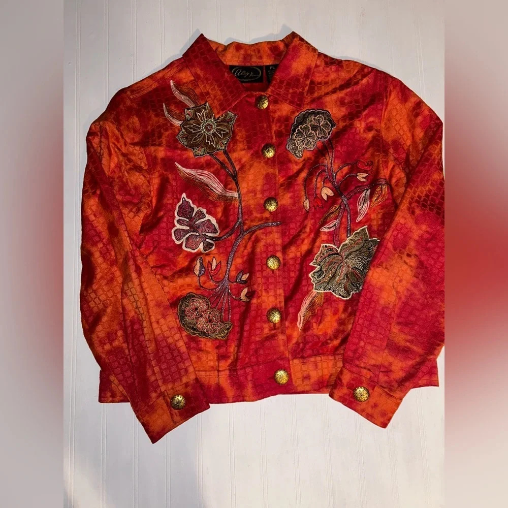 Vintage Alex Kim Orange Jacket Sz PLEmbroidered Art To Wear Boho Festival NEW
